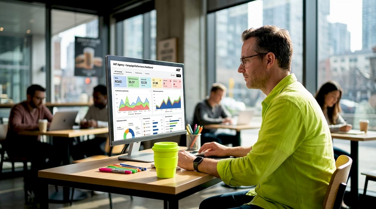 Marketer monitors digital campaign dashboard