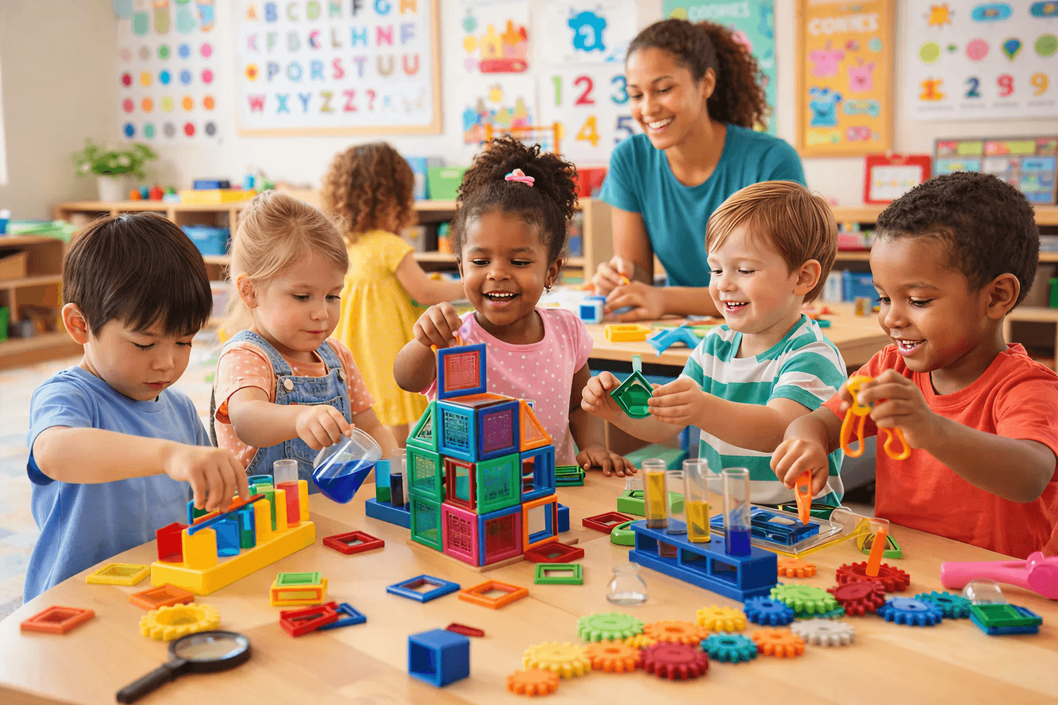 Children participating in hands-on learning activities at a faith-based childcare center