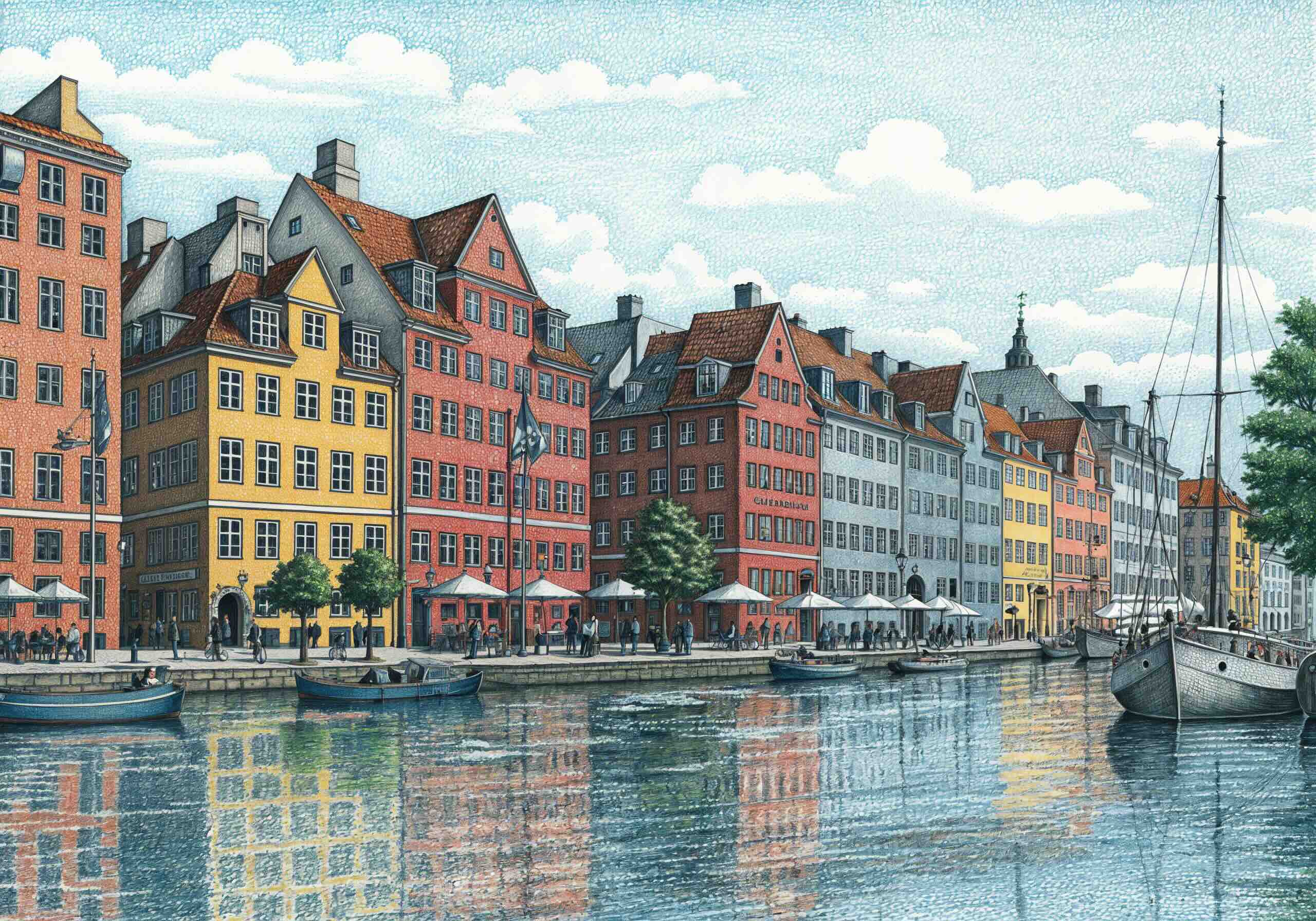 Detailed illustration of Nyhavn in Copenhagen, Denmark, featuring colorful historic buildings along the canal, with boats in the water and people walking by outdoor cafés.