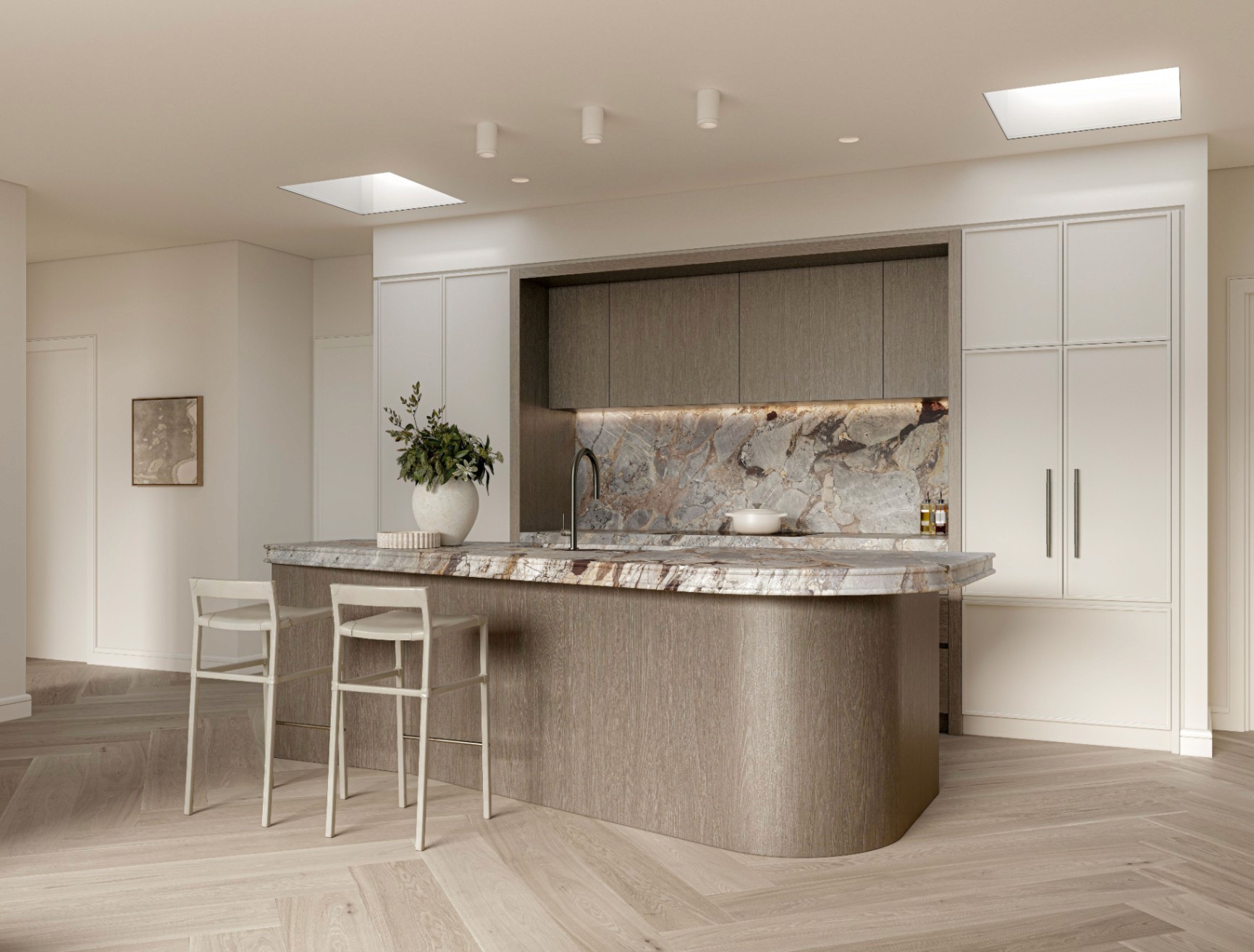 Designer kitchen at Fletcher House Artarmon with curved stone island and integrated appliances, available through Coposit with a $10k deposit.