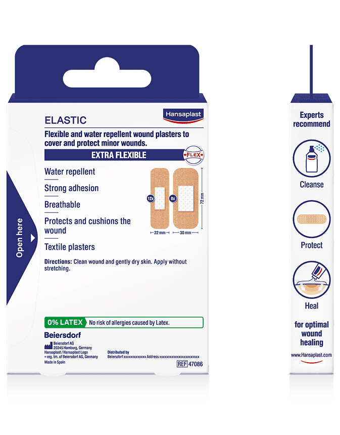 Rück- und Seitenansicht des Hansaplast Verpackungsdesigns – klares, informatives Pack-Layout.