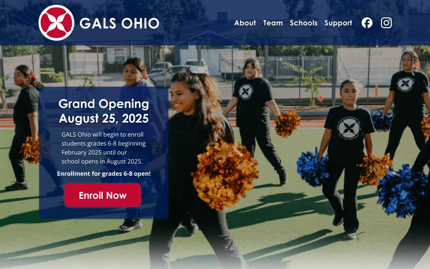 Hero section of the GALS Ohio landing page highlighting enrollment information and a primary call to action.