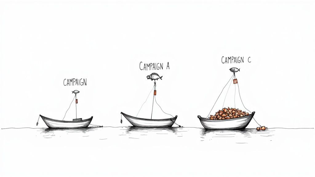 Illustration showing three boats representing campaigns with varying costs and acquisition results.