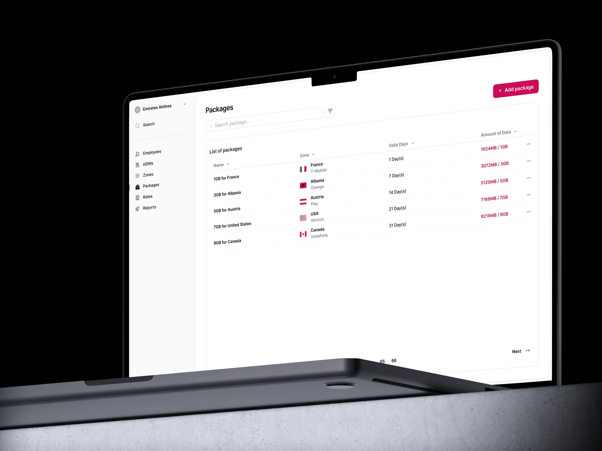 Экран ноутбука, на котором отображается приложение для управления пакетами. В интерфейсе представлен список пакетов данных по странам с флажками, сроком действия и объемом данных. Яркий, профессиональный стиль.