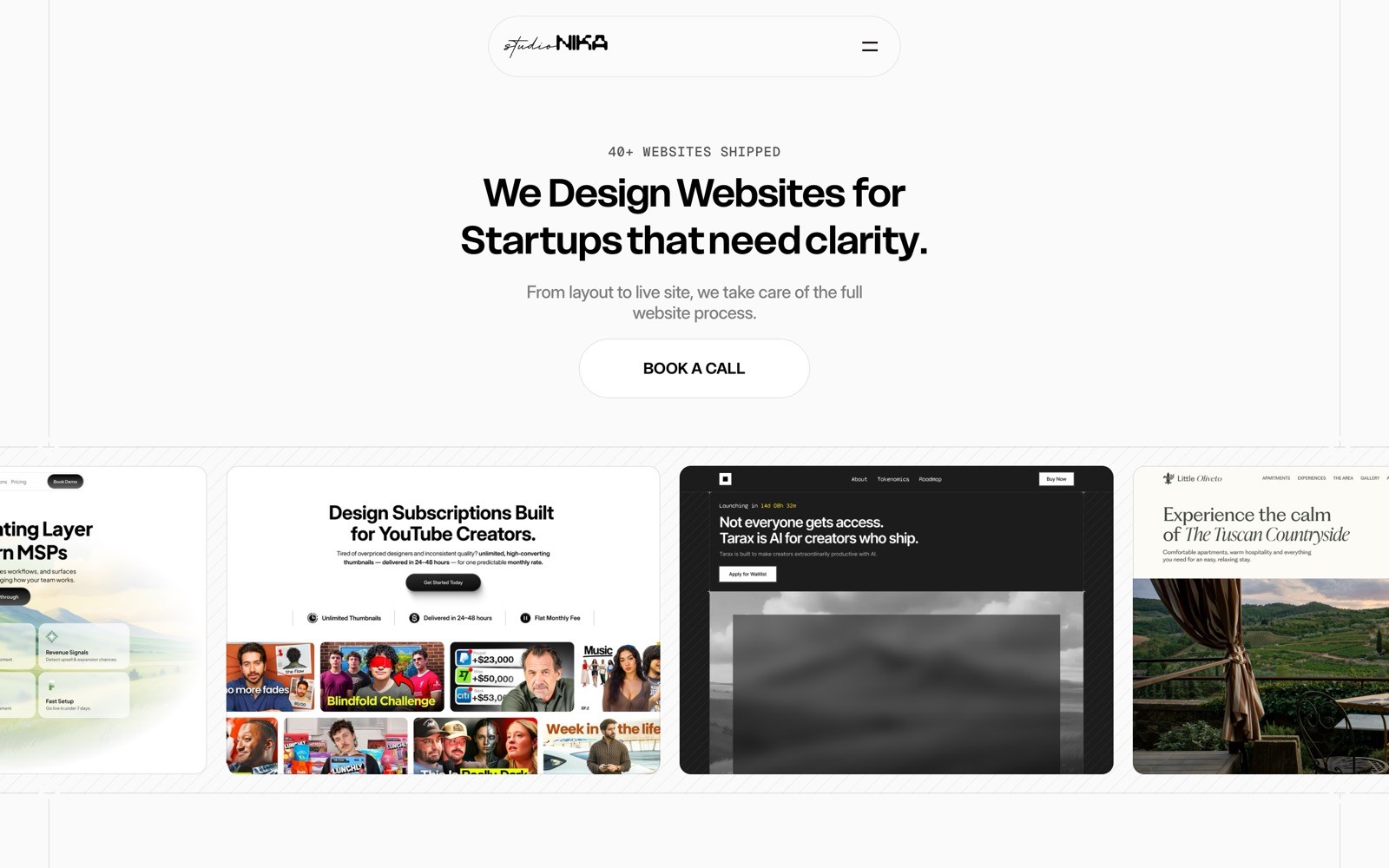 Logo "NIKA" at top, text "We Design Websites for Startups that need clarity," button "BOOK A CALL," website previews below.