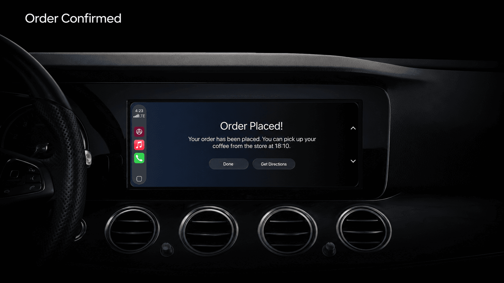 Order Placed confirmation with pickup time and directions