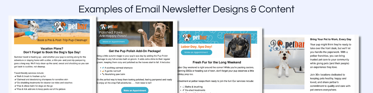 email newsletter designs for petbar's franchise marketing efforts