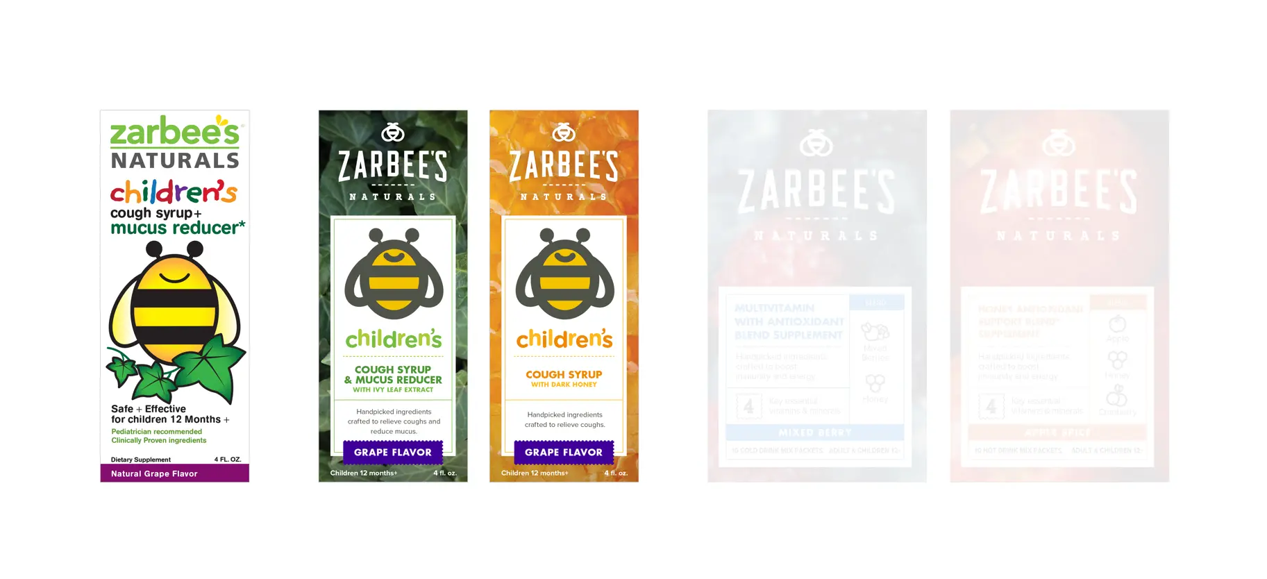 Side-by-side comparison of the original Zarbee's Naturals Children's cough syrup packaging with the redesigned versions — two new children's cough syrup boxes featuring the updated Buzzy character, plus two adult supplement drink mix packages showing consistency across the product line.