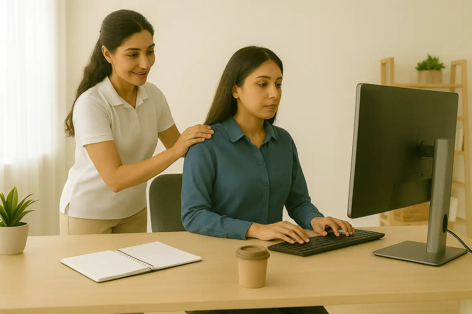 Physiotherapist correcting a woman’s posture at her computer workstation during ergonomic physiotherapy counseling.