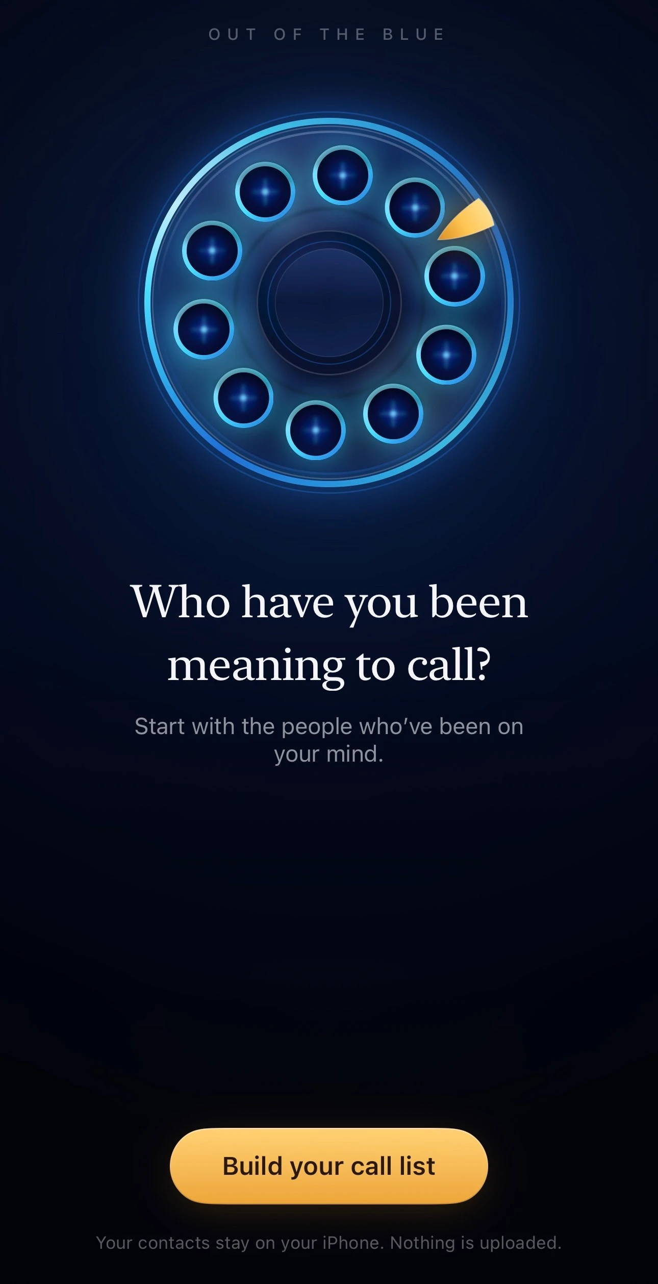 Out of the Blue app screen showing the contact dial