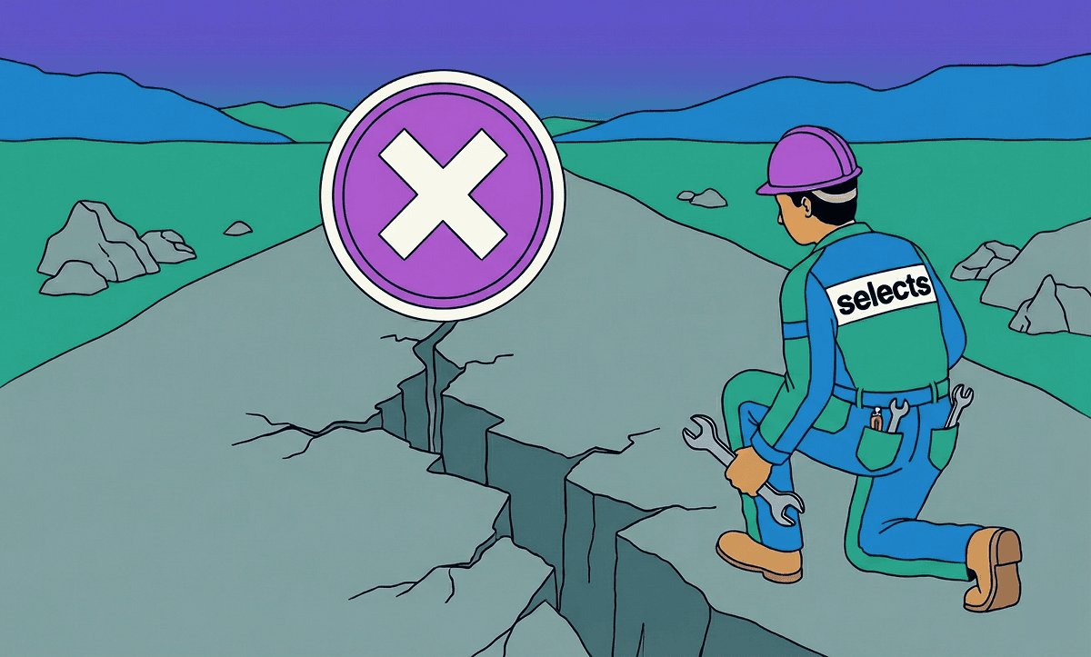 Illustration of a Selects engineer kneeling beside a cracked road with a warning icon, symbolizing video editing errors and troubleshooting.