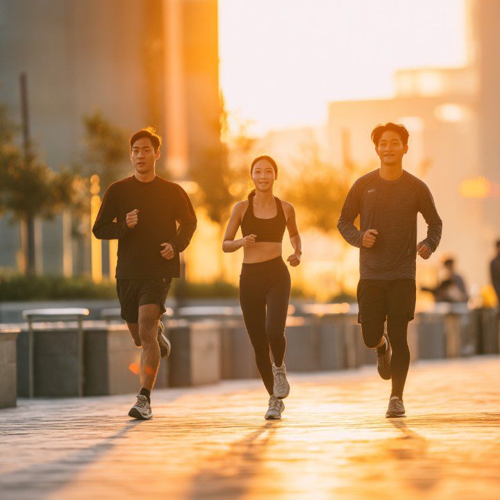 Early morning fitness community running together at sunrise, replacing traditional social drinking with shared movement and discipline.