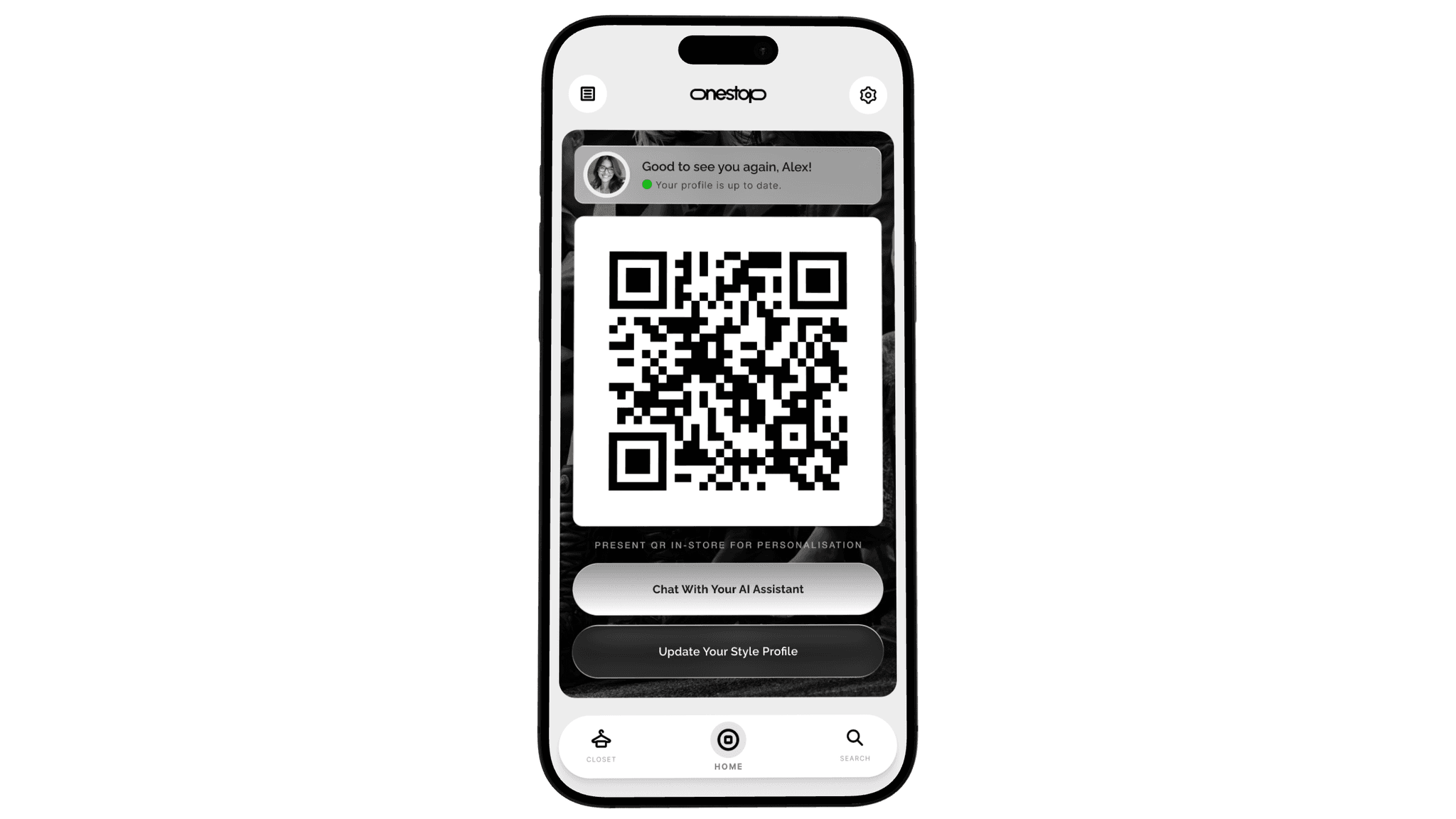 OneStop shopper platform landing screen on an iPhone 16 Pro Max