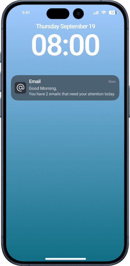 Morning lock screen notification: two emails need your attention today