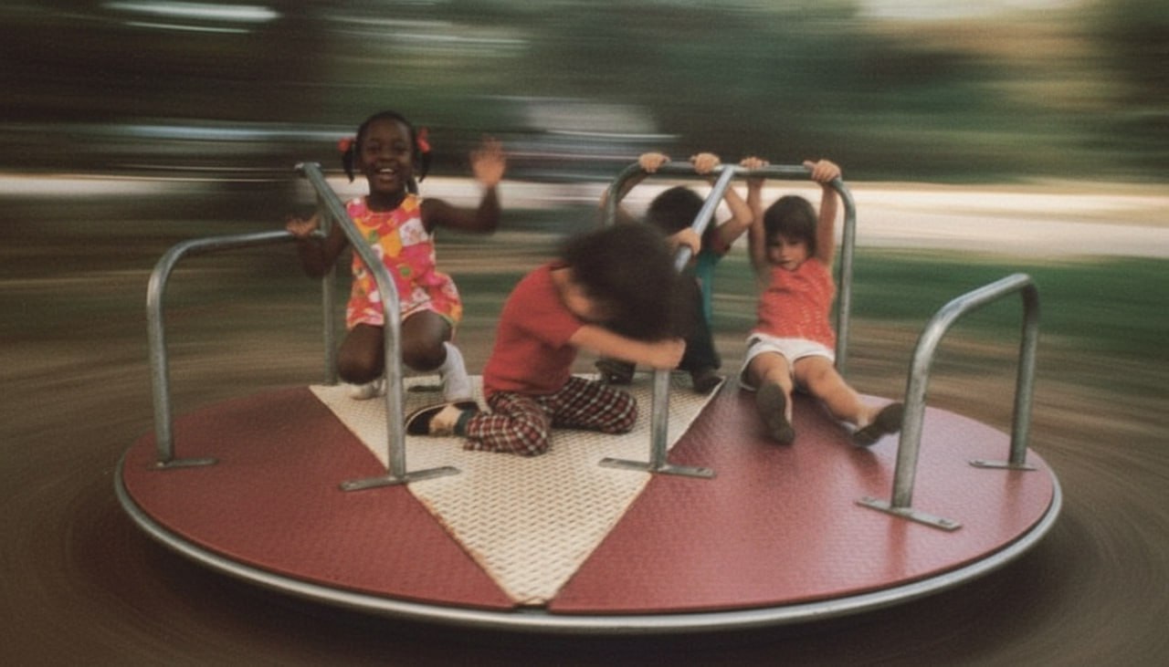 A vintage-style film photograph of three children riding a spinning playground merry-go-round, captured with motion blur conveying speed and joyful movement.