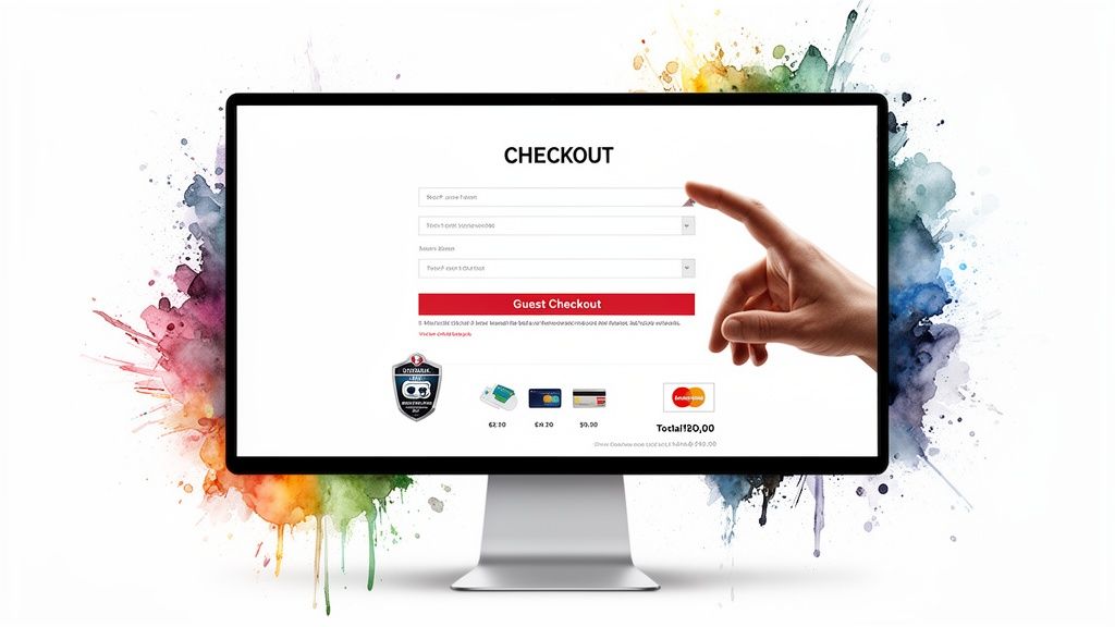 A computer monitor displays an e-commerce checkout page with payment options and a hand pointing.