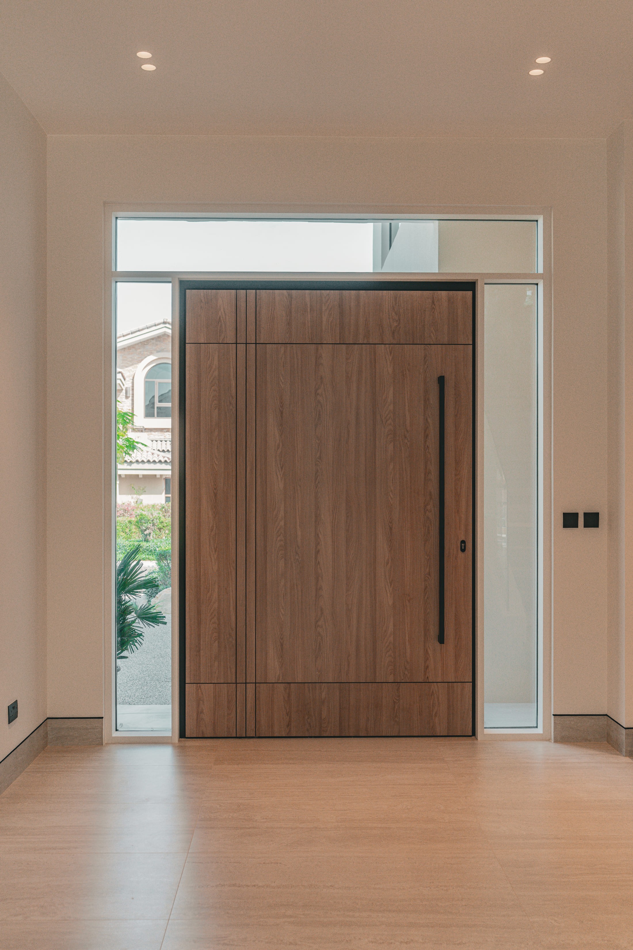 Picture of a kitchen with a glass window 