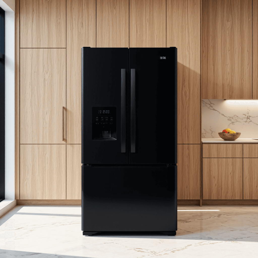 product photography of a compact refrigerator with dual doors for food storage