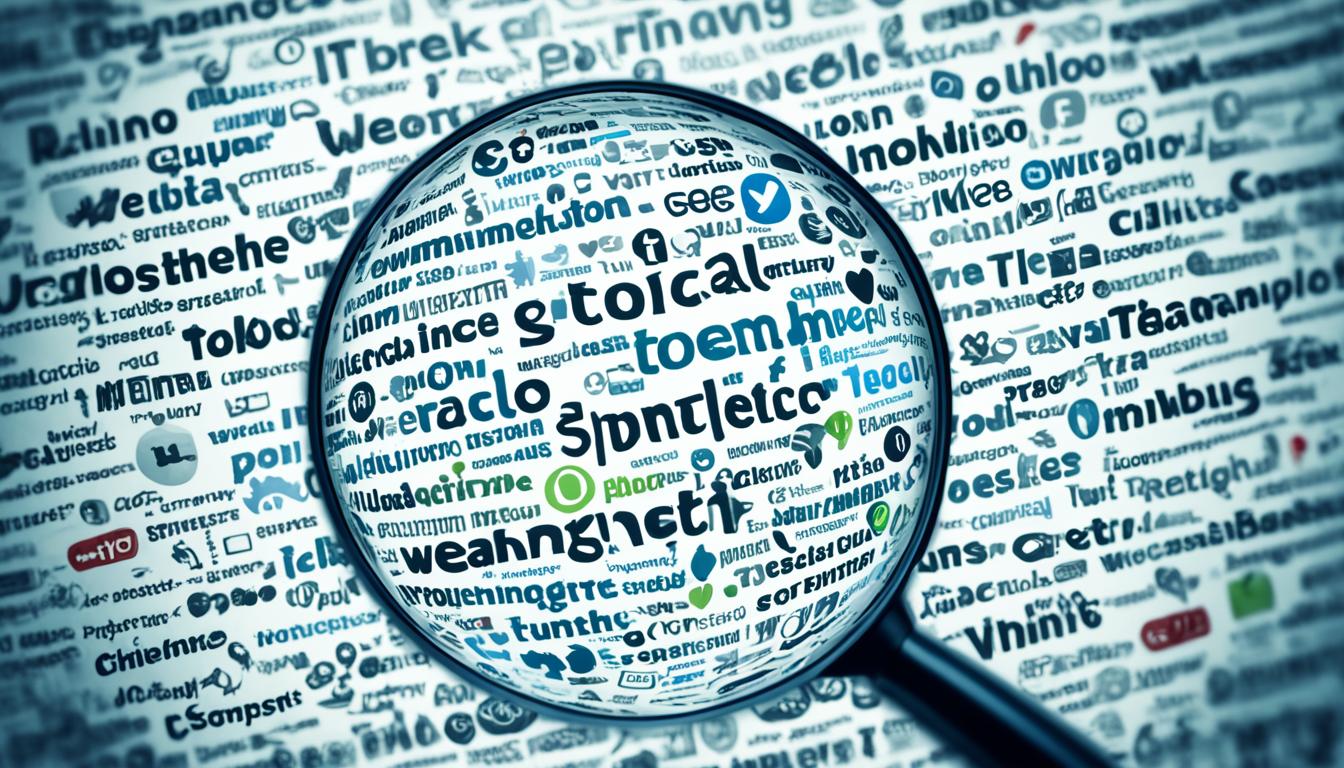 A magnifying glass with social media icons reflected in it, highlighting areas of strength and weakness.