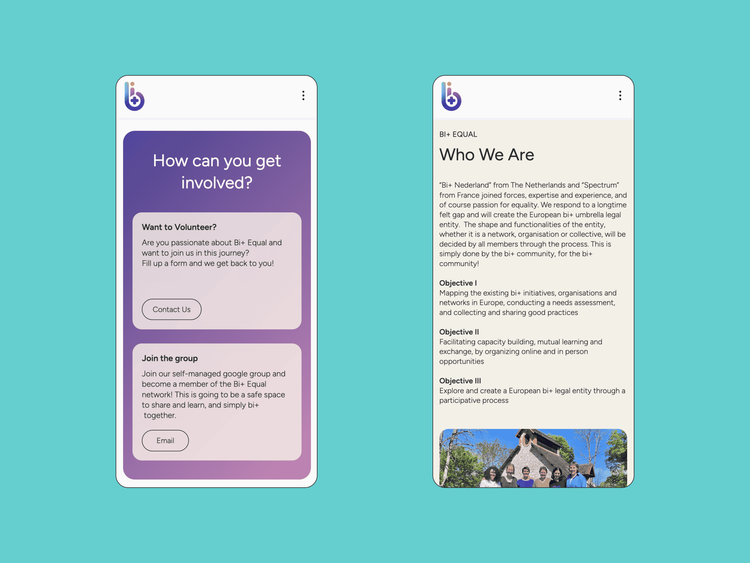 The Bi+ Equal website, viewed on mobile