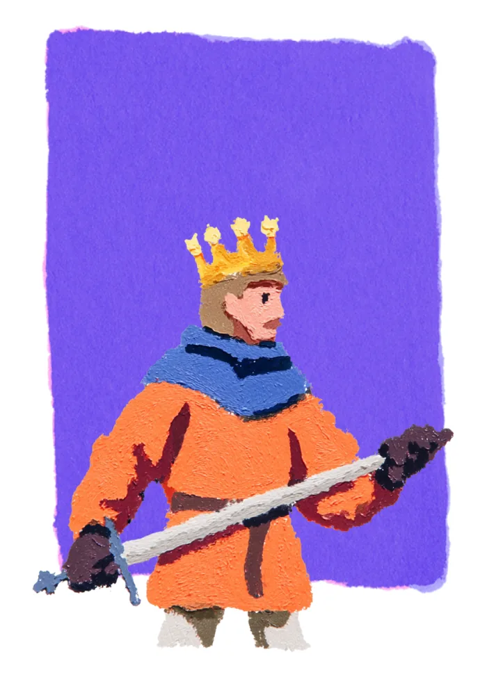 A crowned figure in an orange robe holds a sword, illustrating the Grow step of Floating Castle's process
