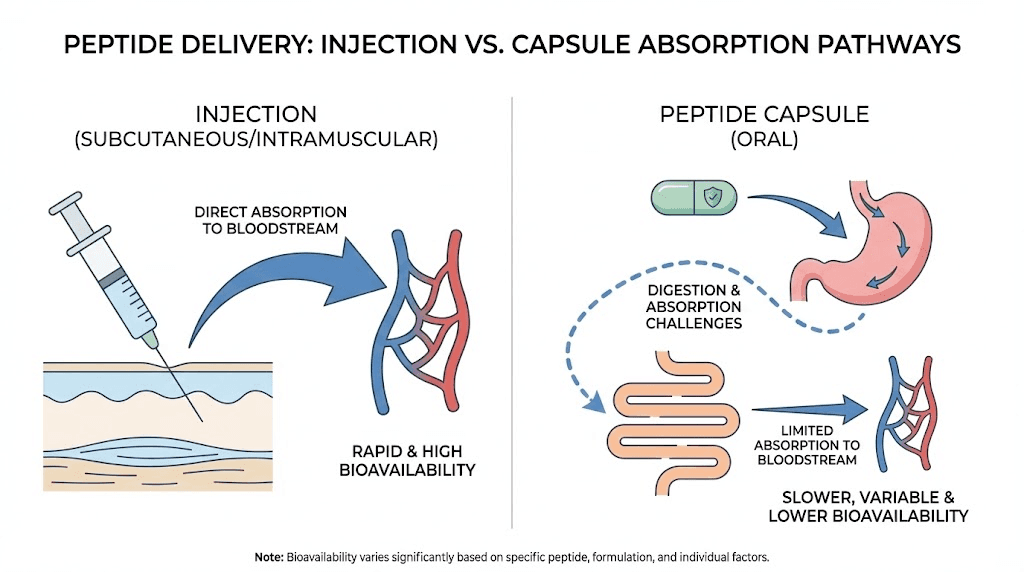 Injectable versus oral peptide absorption comparison diagram