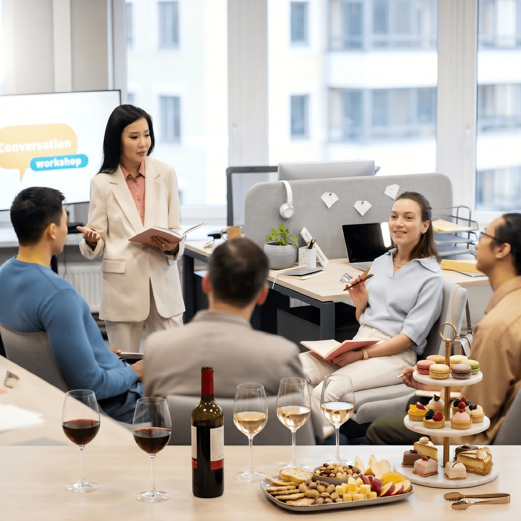 企業內部培訓研討會上講師帶領銷售與管理團隊分組討論與Q&A，結合講座與工作坊形式強化知識傳遞與團隊對齊 Internal corporate training seminar with trainer leading sales and management teams in group discussion and Q&A combining lecture and workshop formats 內部培訓研討會 企業內訓 銷售團隊訓練