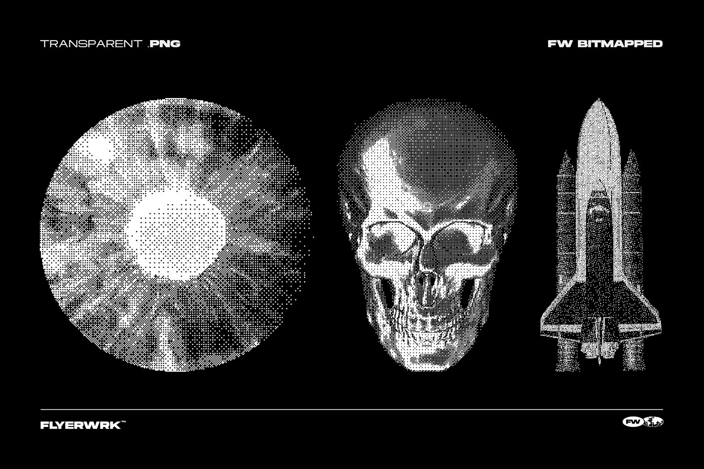 Bitmapped design elements high resolution halftone skull and space shuttle rocket on transparent PNG background