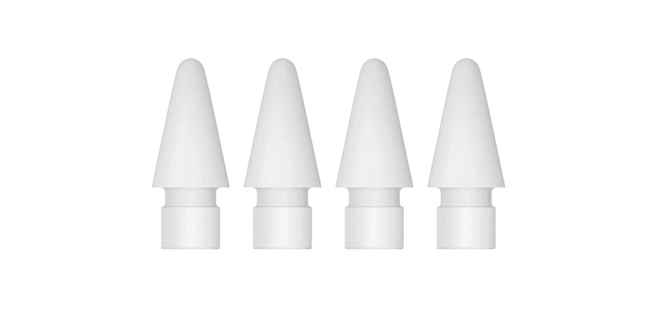Set of four Apple Pencil replacement tips for a digital stylus or pen arranged in a row.