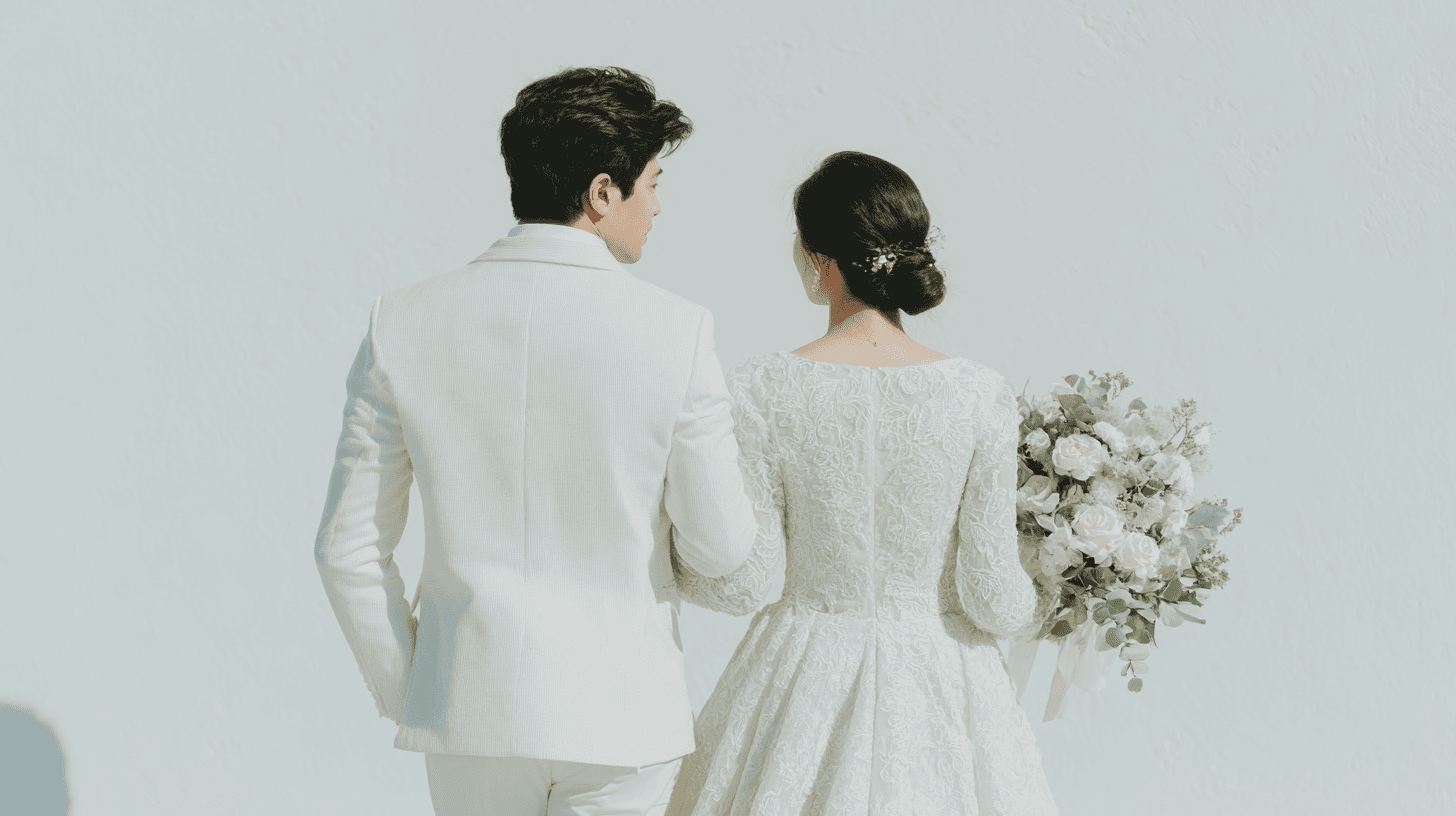 back view of black hair bride and groom, bride in a white gown, outdoor, groom in a white suit, high-resolution, photorealistic, clear background, full body, warm cinematic lighting, high-resolution wedding photography style