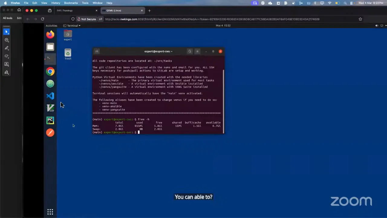 Ubuntu desktop with a terminal window open showing instructions and Python virtual environments (venv-main, venv-ansible, venv-yangsuite); left dock includes icons for Firefox, VS Code and other dev tools, with a Zoom watermark.