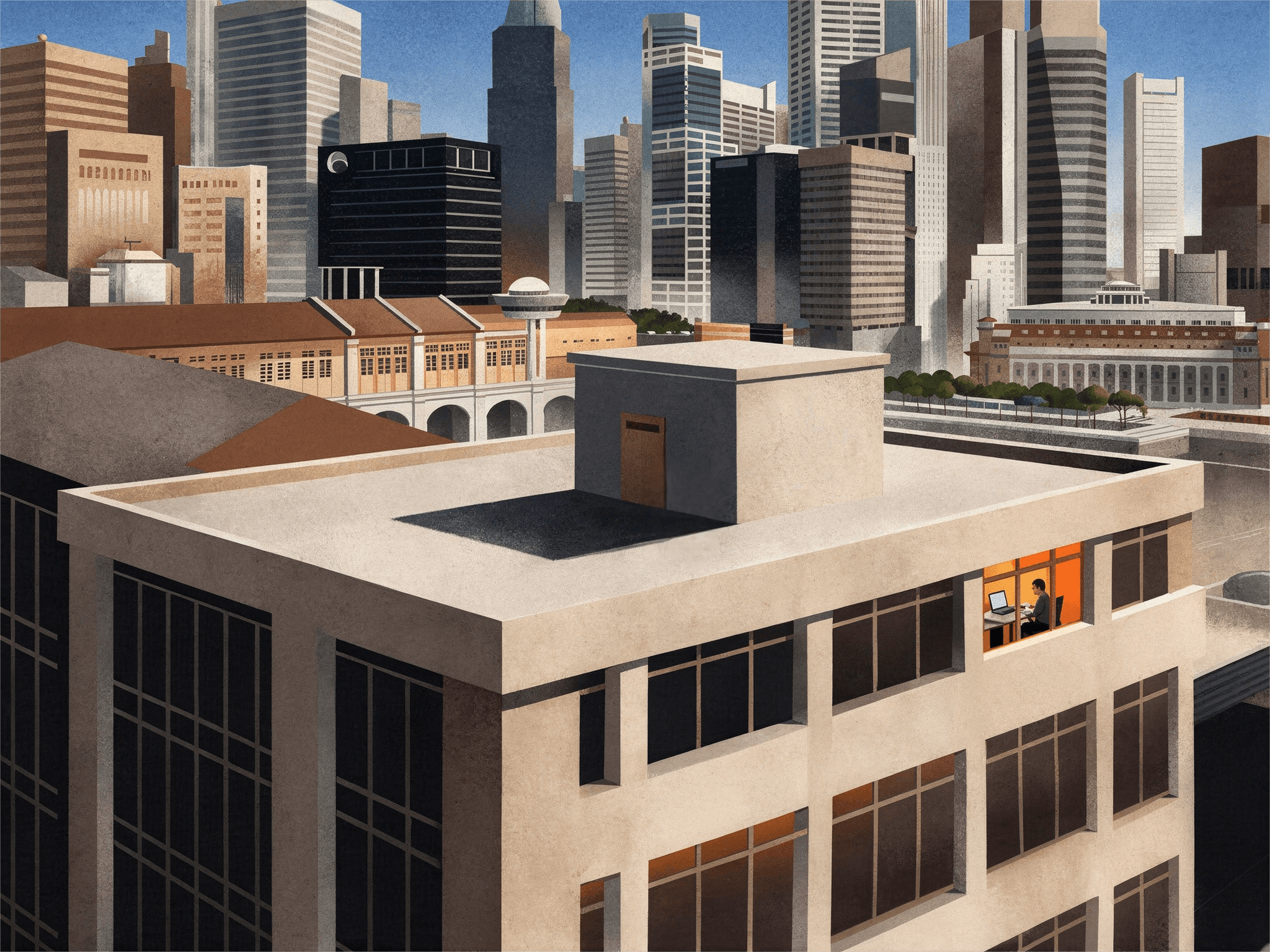 A man stands while two people sit at a table in an office setting, smiling and engaged in conversation. The mood is friendly and collaborative.