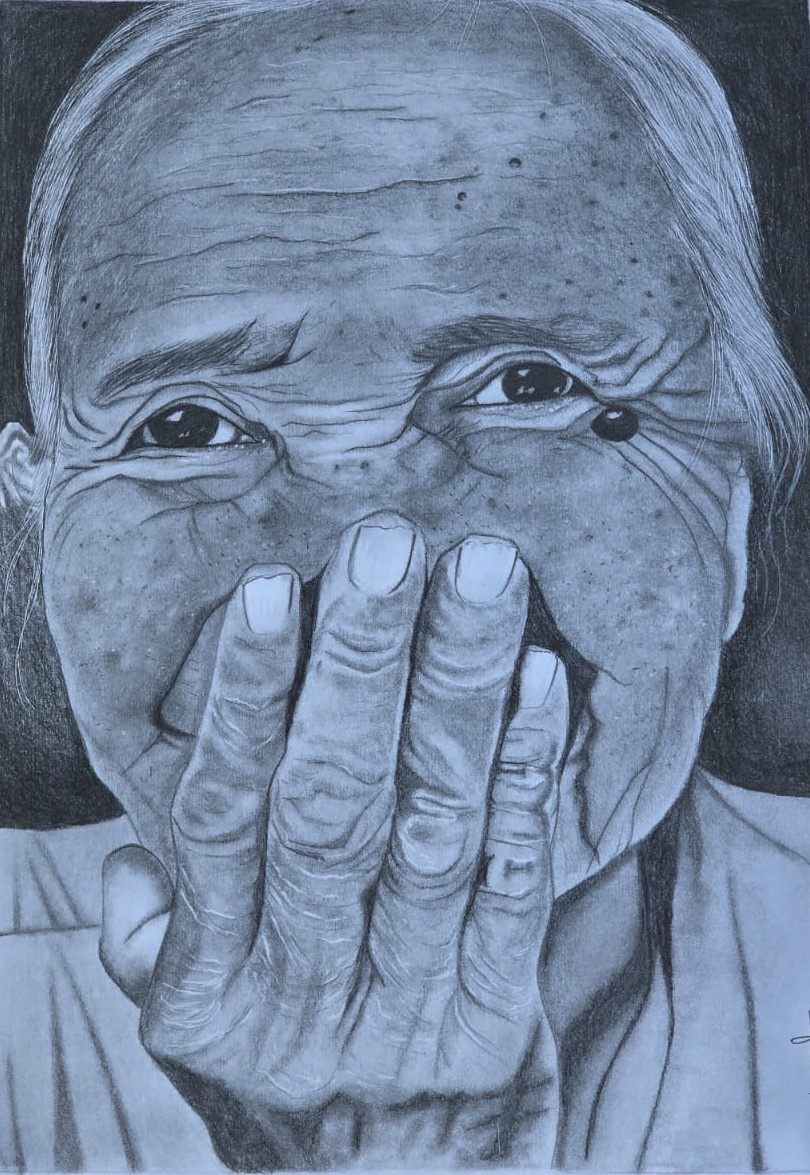 A pencil sketch of an elderly woman laughing while covering her face.