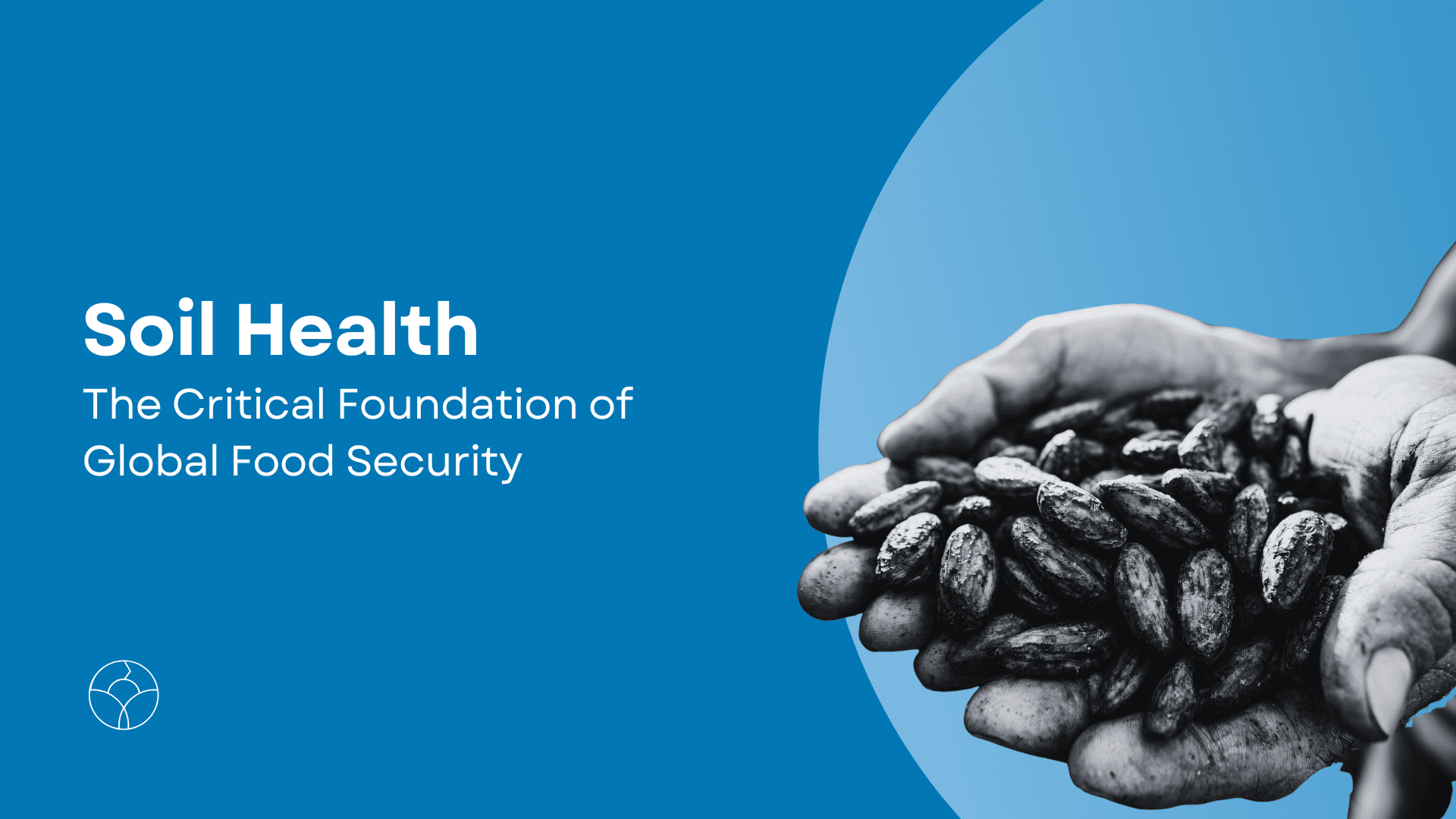 A farmer holding seeds or kernels in two hands against a blue background.