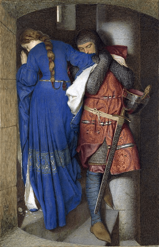 A woman in a blue dress and a man in a red outfit appear in a dimly lit doorway, engaged in a private moment.