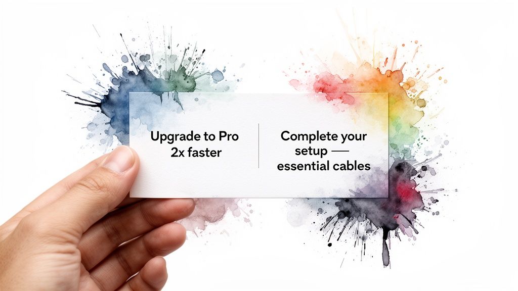 A hand holds a card with upselling and cross-selling offers, over vibrant watercolor splashes.