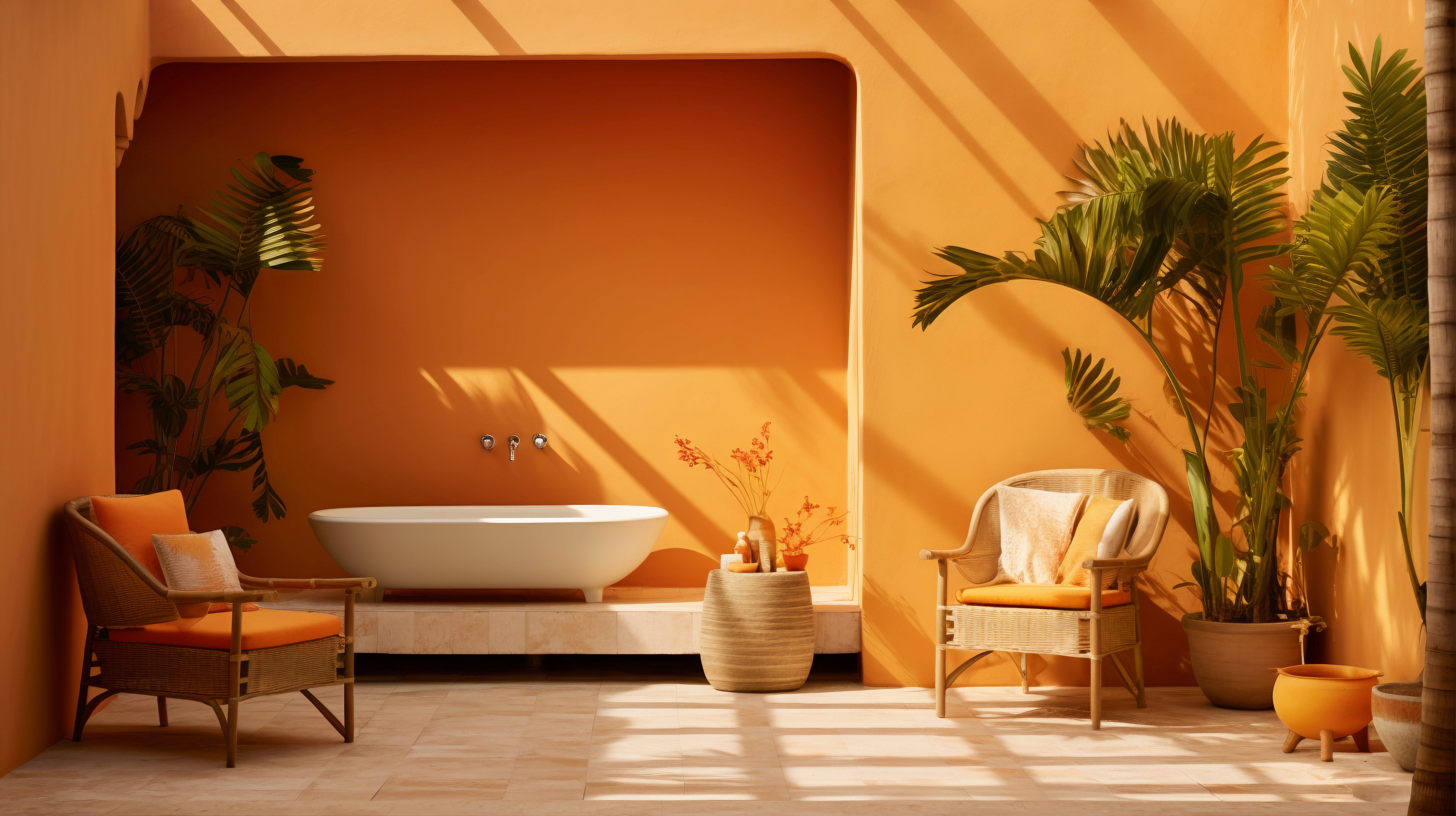 Sunlit modern living room with gray sofas, plants.