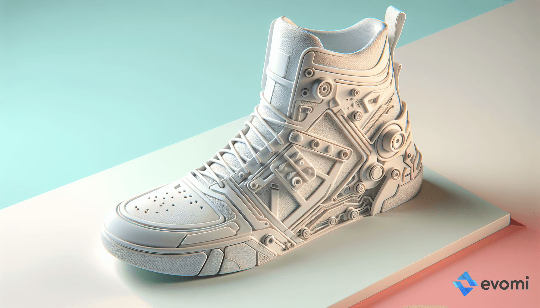 A high-top sneaker with an intricate and artistic black and white design, displayed on a pastel-colored background.