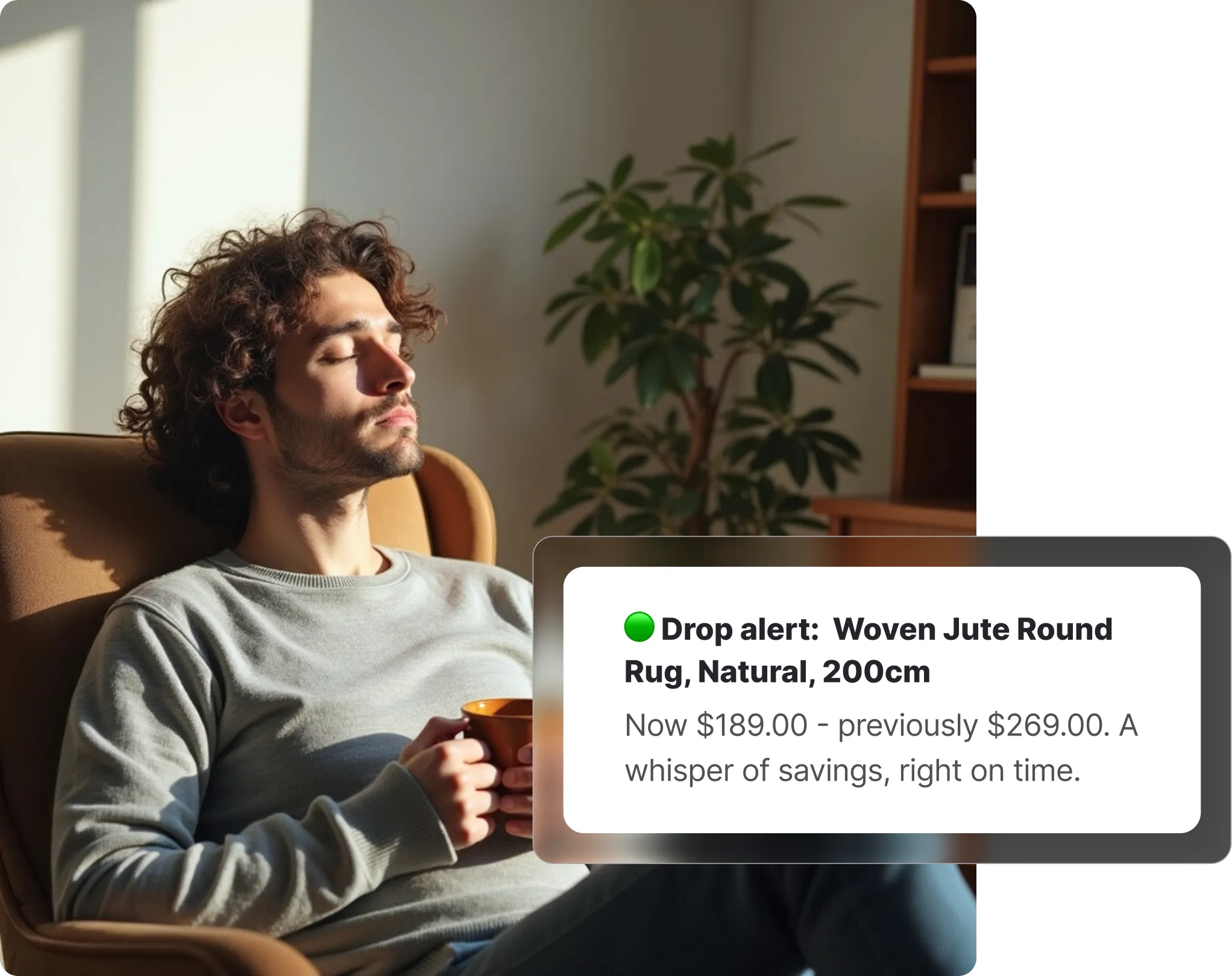 Man relaxing in an armchair with a coffee cup and eyes closed, in a warm sunlit living room with a large indoor plant, receiving a Temple & Webster price drop alert on Whisprice.