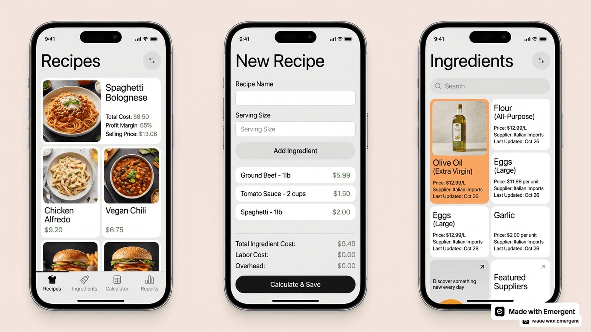 Recipe Cost Calculator App Made with Emergent