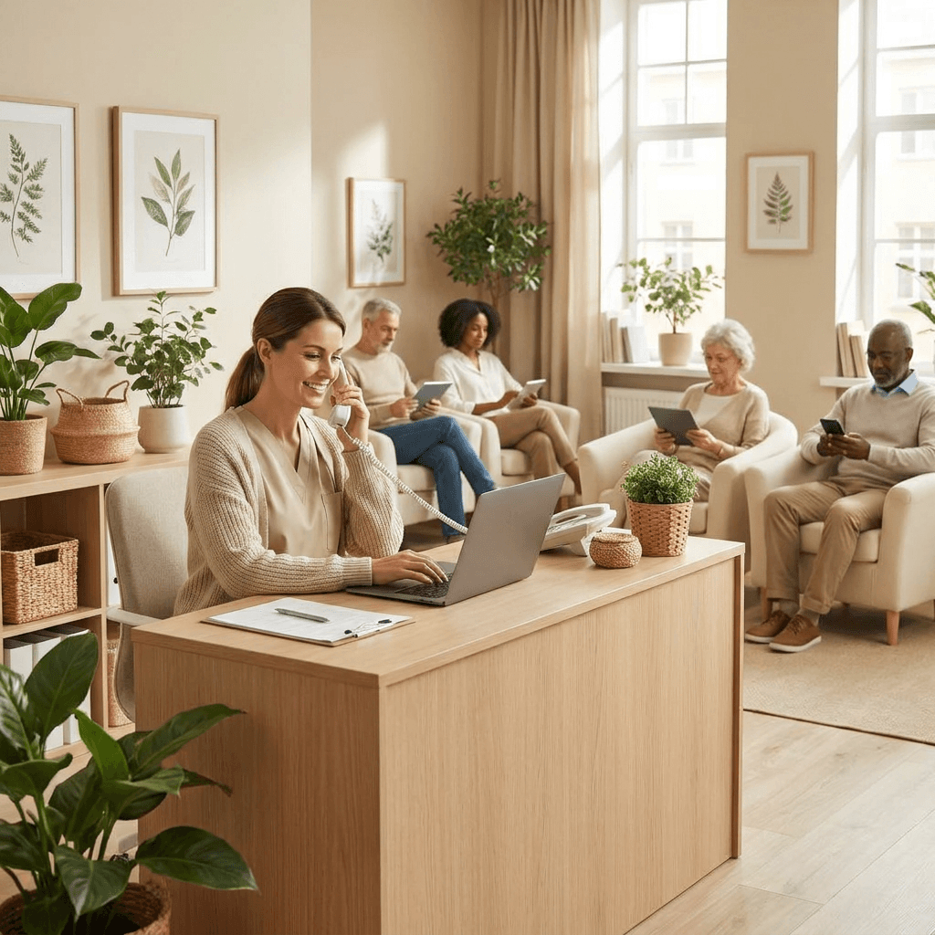 A receptionist uses the necessary technology to streamline operations. 
