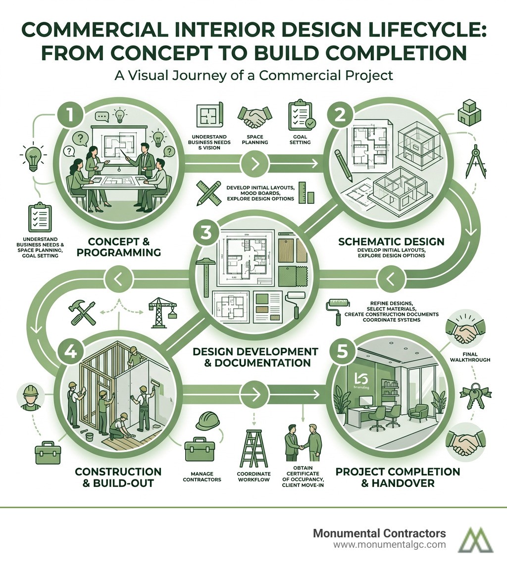 Commercial interior design lifecycle from concept to build completion infographic - commercial interior design contractor