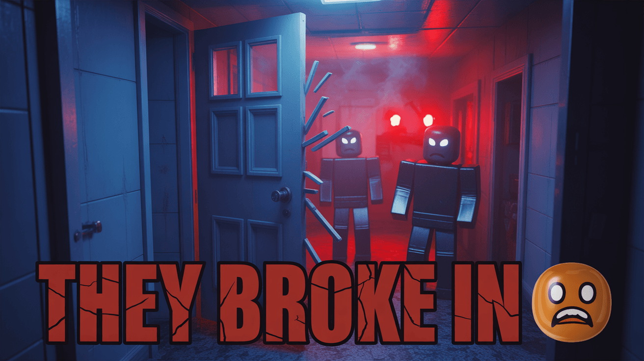 Broken Roblox apartment door with red lights shadowy figures and THEY BROKE IN text in smoky hallway