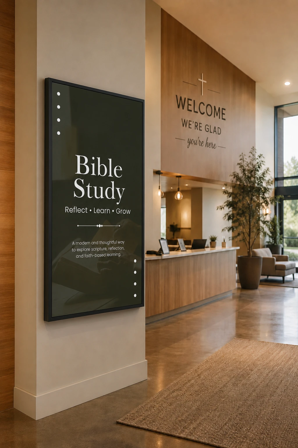 Digital signage display in a modern church lobby promoting a Bible study group, helping welcome visitors and communicate church events, ministries, and faith-based activities.