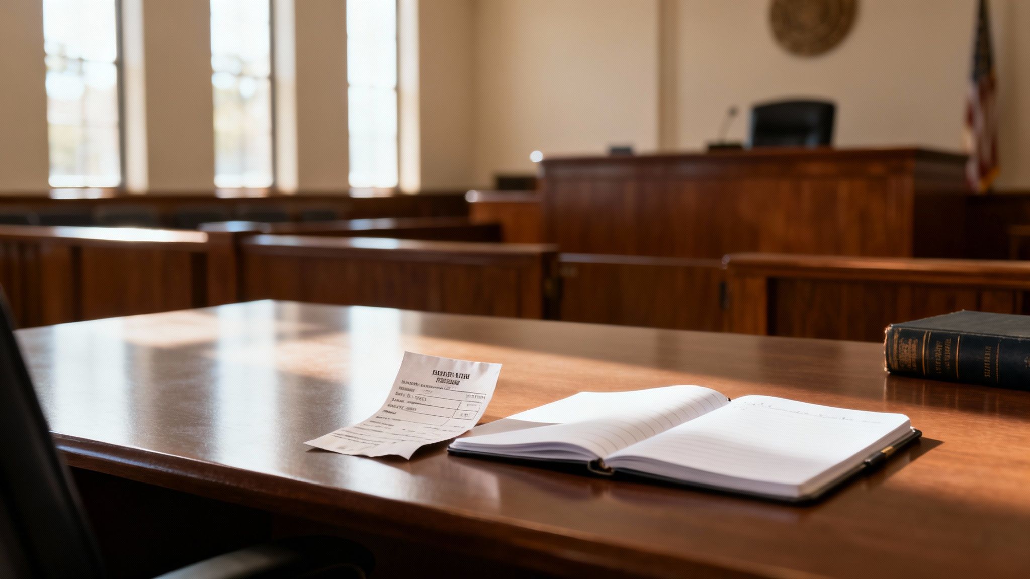 An empty courtroom scene showing a paper, open notebook, and law book on a wooden table.