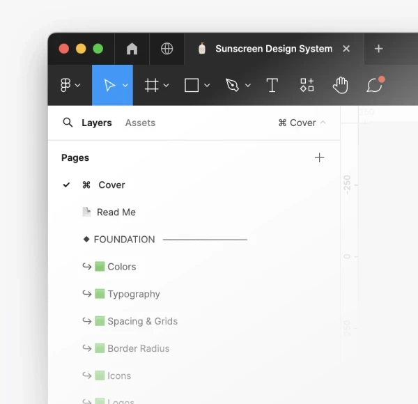 The Sunscreen Design System Figma file, with pages for colors, typography, spacing and grids, border radius and icons