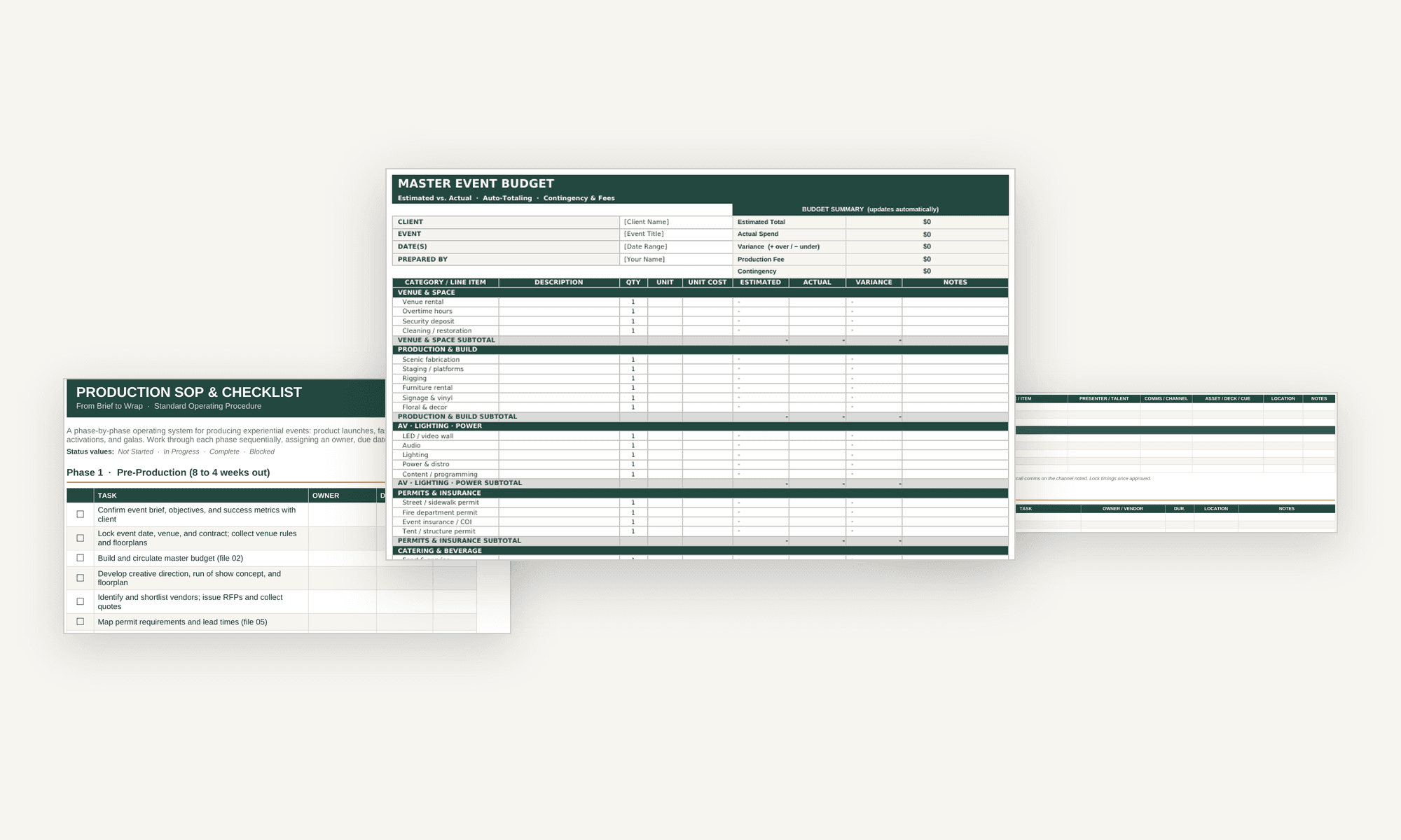 The Event Production Toolkit document previews: master event budget, production SOP checklist, and run of show
