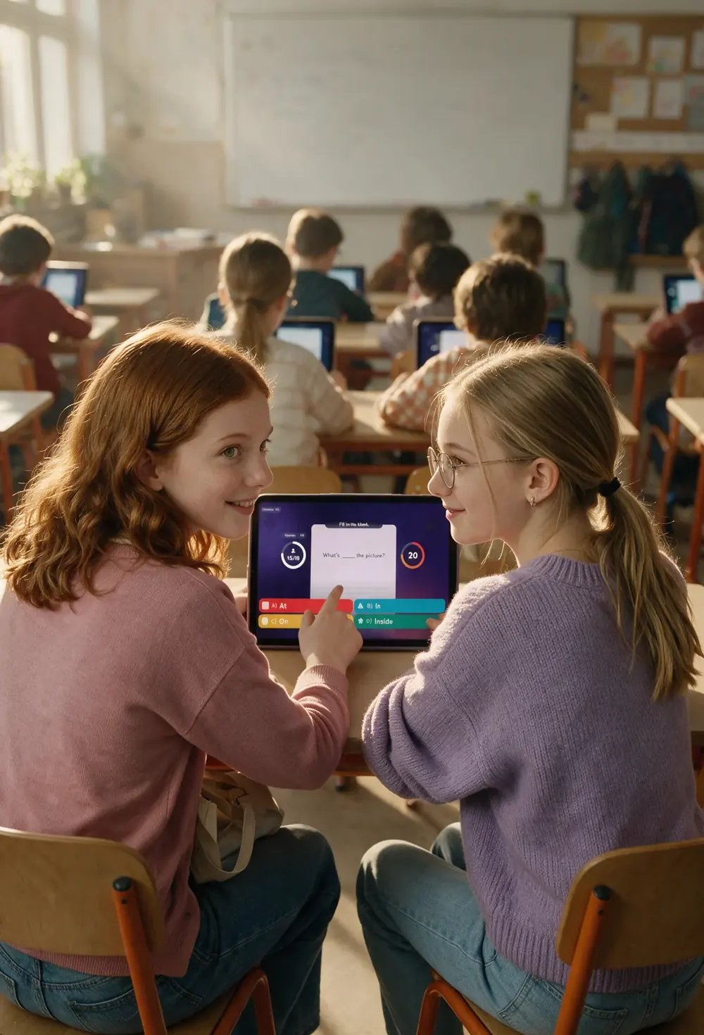 Dvě studentky v lavici procvičují na tabletu kvíz, třída sedí čelem k tabuli