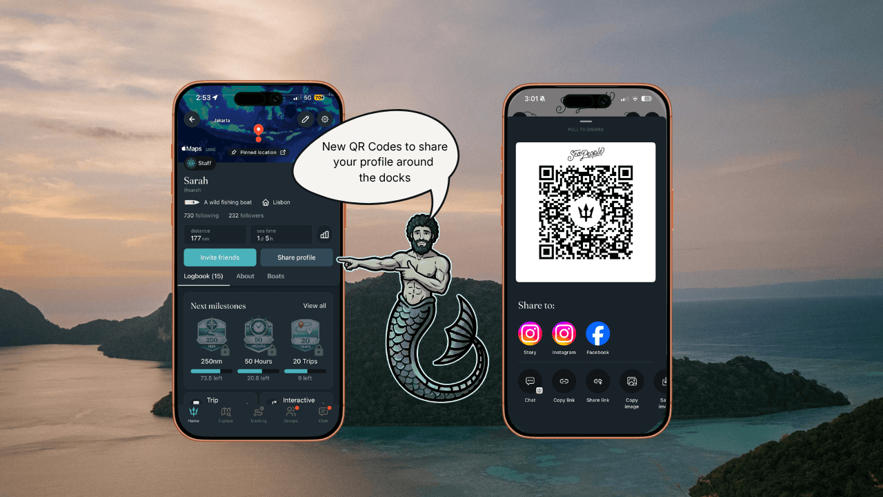 SeaPeople QR code displayed on a phone for sharing a profile