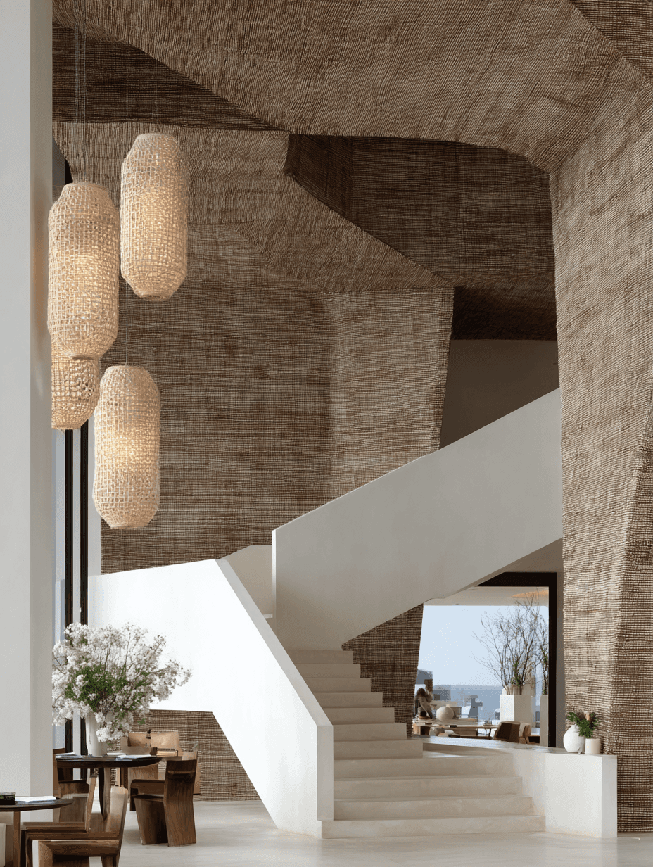 A sculptural white geometric staircase set against textured stone walls and illuminated by woven pendant lamps.
